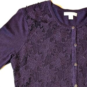 New York & Co Plum Cardigan Sweater Lacy Button Up Cotton Rayon Medium Cardi
